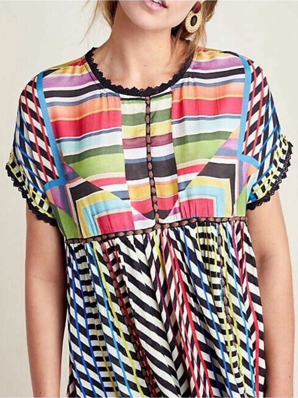 Anthropologie Multicolor Striped Geometric Short Sleeve Blouse